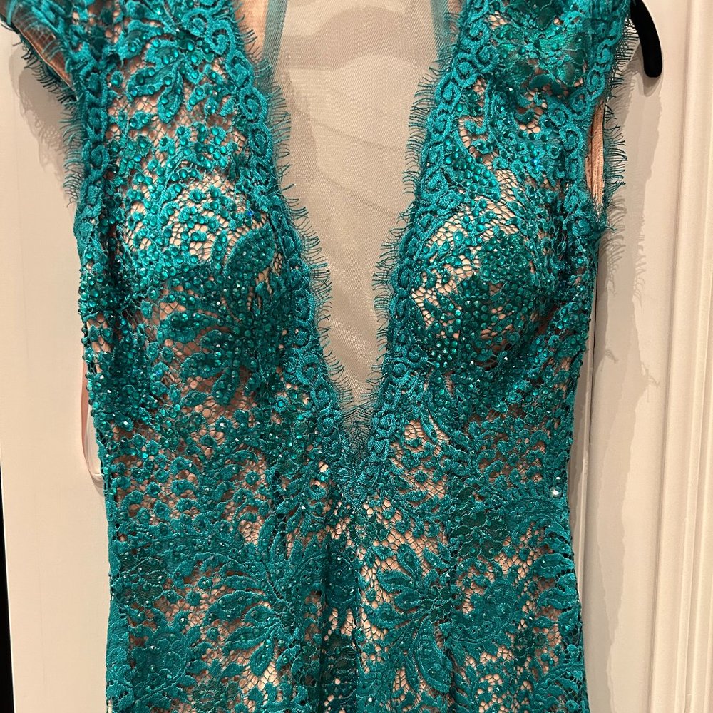 Jovani teal sleeveless lace dress with rhinestones